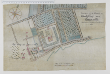 162-11 Vogelvluchtkaart van het dorp en het huis te Jaarsveld met omringende boomgaarden. Anonieme natekening uit ca. ...
